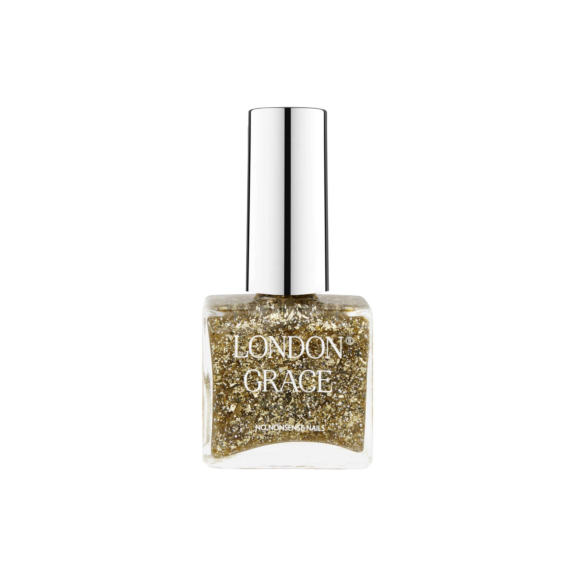 London Grace Carrie Nail Polish, a gold glitter formula that adds sparkle and glamour, perfect for festive or glamorous occasions, vegan and cruelty-free.