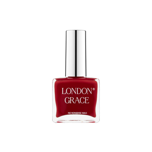 London Grace Charlie Nail Polish, a sophisticated red shade that offers rich pigment and long-lasting salon-quality finish, vegan and cruelty-free.