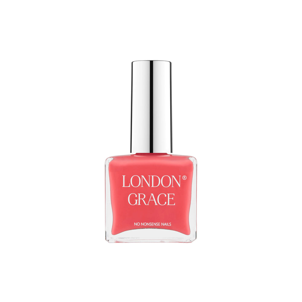 London Grace Chloe Nail Polish, a pinky-orange coral shade in a sleek recyclable bottle.