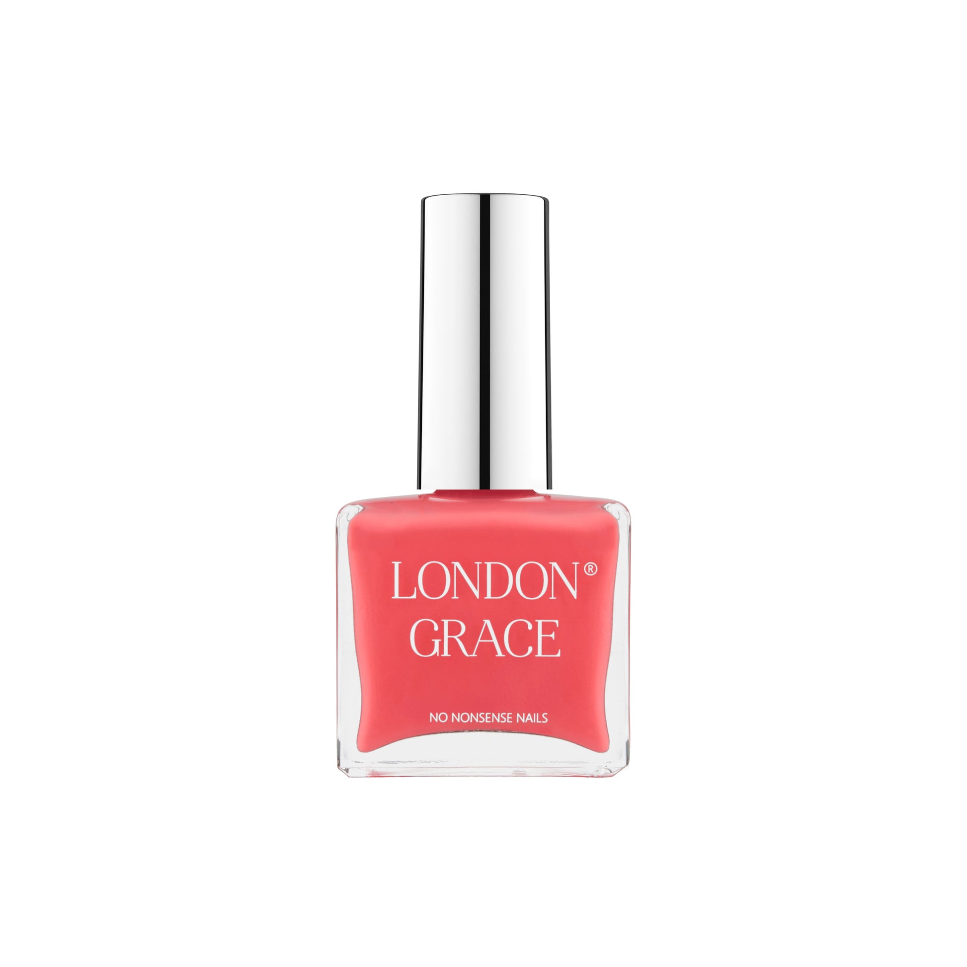 London Grace Chloe Nail Polish, a pinky-orange coral shade in a sleek recyclable bottle.