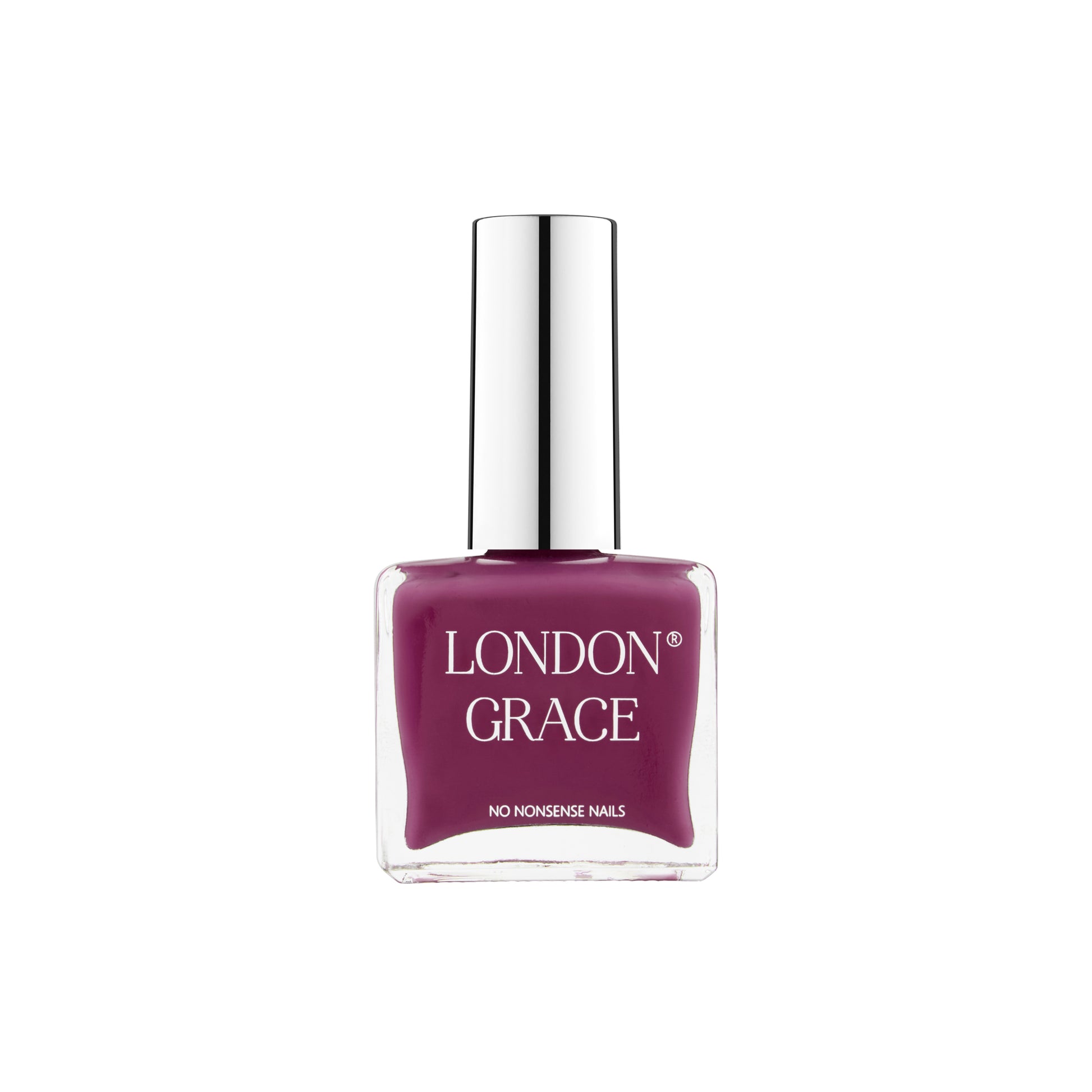 London Grace Claire Nail Polish, a luxurious deep berry shade in a recyclable bottle, ideal for elegant manicures.