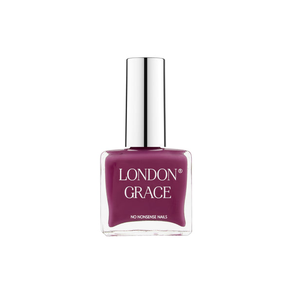 London Grace Claire Nail Polish, a luxurious deep berry shade in a recyclable bottle, ideal for elegant manicures.