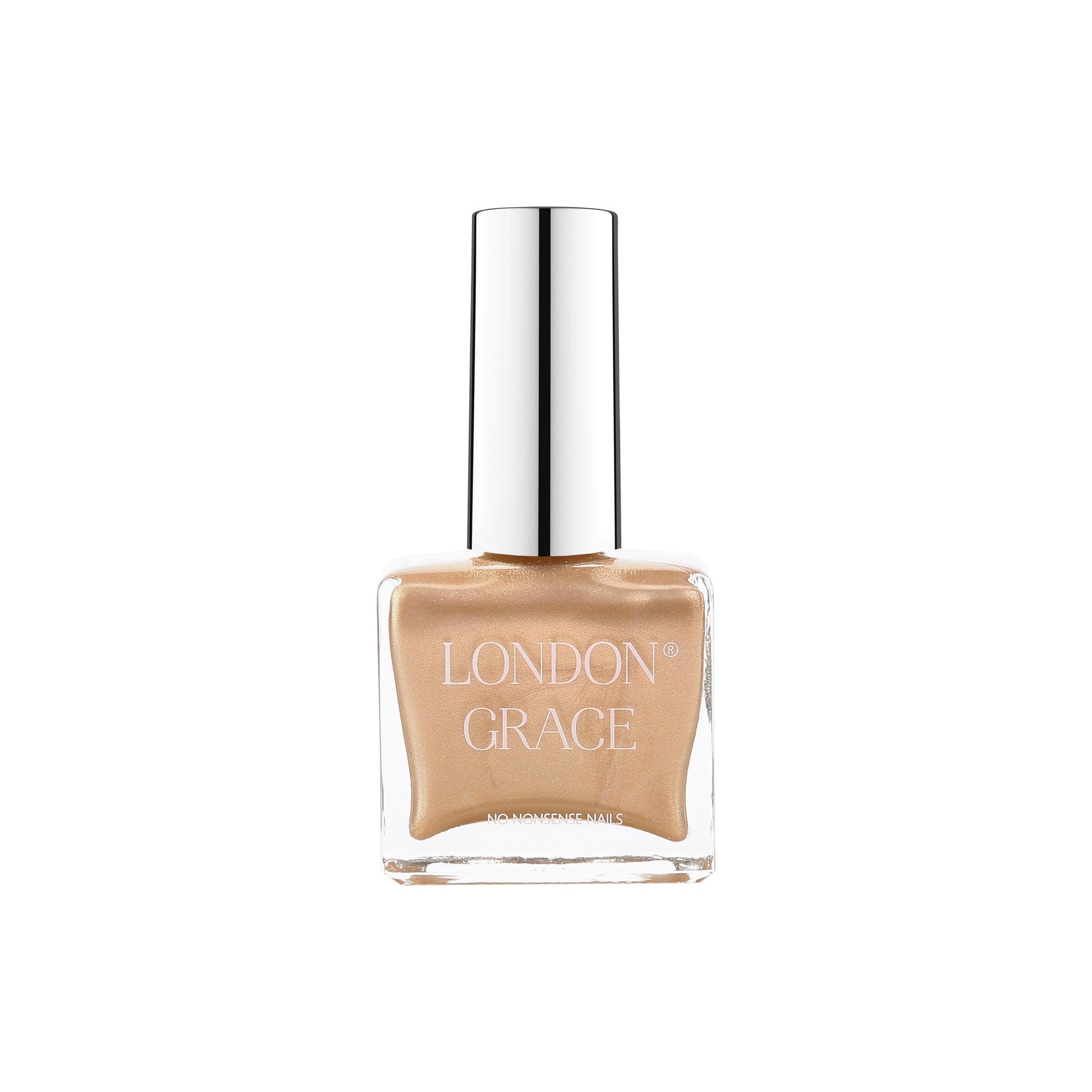 London Grace Clare Nail Polish, a warm gold shade with a subtle shimmer, in a recyclable bottle, ideal for sophisticated manicures.