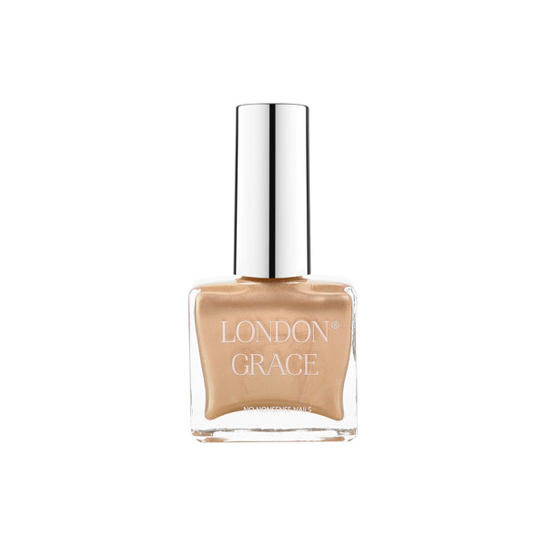 London Grace Clare Nail Polish, a warm gold shade with a subtle shimmer, in a recyclable bottle, ideal for sophisticated manicures.