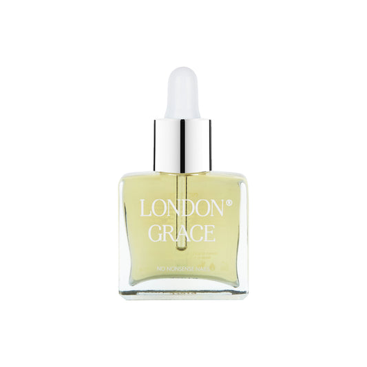 London Grace Cuticle Oil with a nourishing blend of Celery Seed, Vitamin E, and Almond Oil, designed to hydrate and care for nails and cuticles.