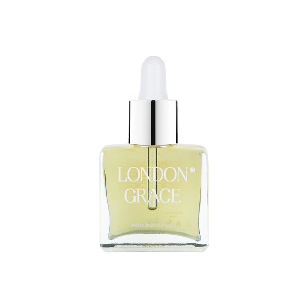 London Grace Cuticle Oil with a nourishing blend of Celery Seed, Vitamin E, and Almond Oil, designed to hydrate and care for nails and cuticles.
