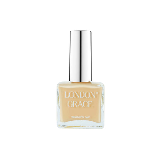 London Grace Daisy Nail Polish in a creamy butter yellow shade, ideal for stylish manicures, housed in an eco-friendly, recyclable bottle.