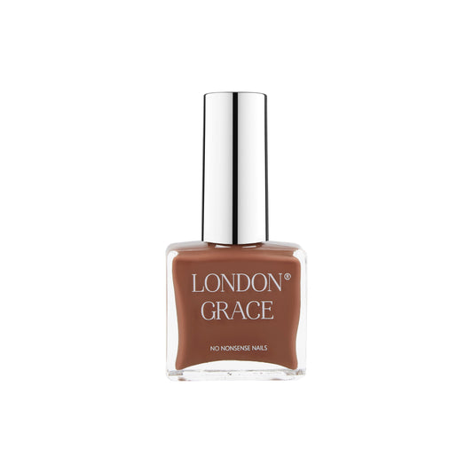 London Grace Dawn Nail Polish in a warming brown shade, offering a rich, glossy finish in an eco-friendly, recyclable bottle.