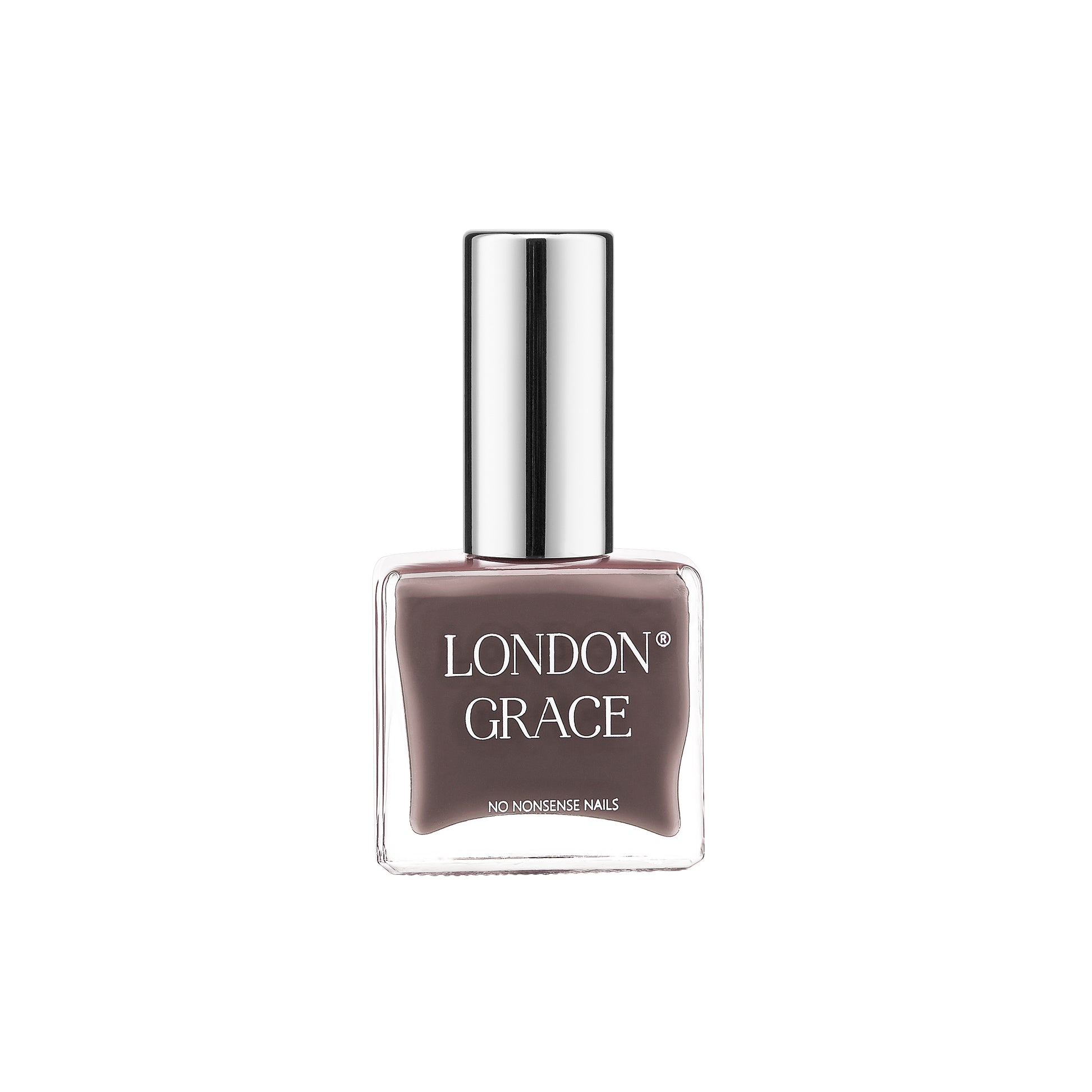 Hazel Nail Polish by London Grace – earthy brown with grey undertones, offering a chic, neutral finish.