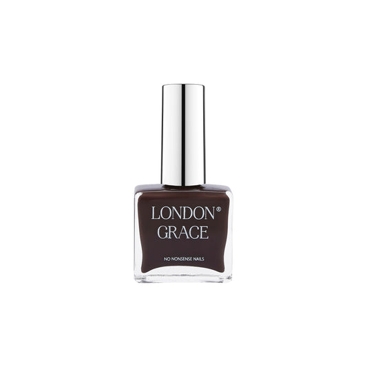 London Grace Lark Nail Polish – deep espresso brown shade, vegan, cruelty-free, and long-wearing.