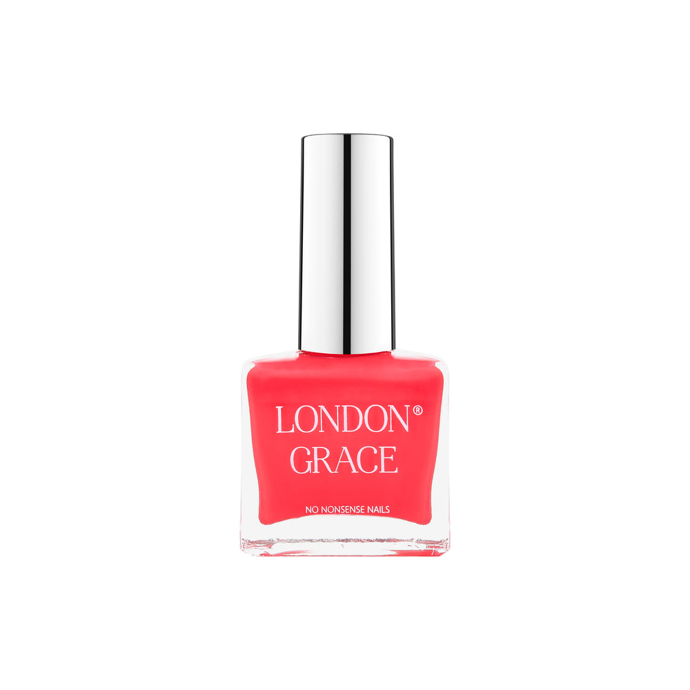 London Grace Liz Nail Polish – vibrant pink-orange hue, vegan, cruelty-free, and glossy finish.