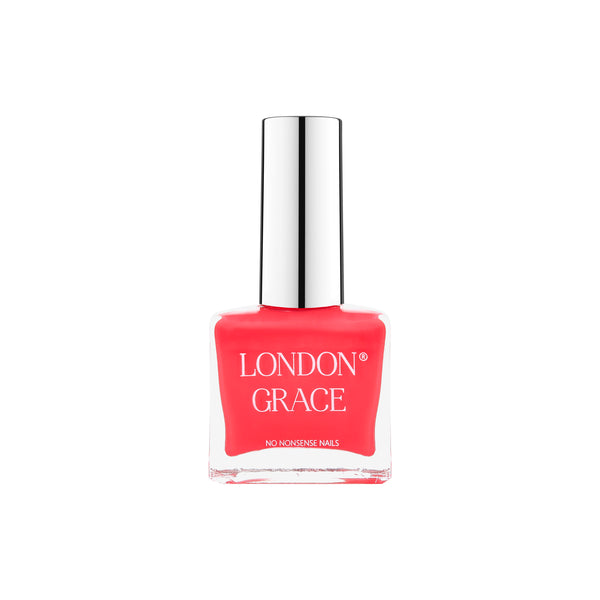 London Grace Liz Nail Polish – vibrant pink-orange hue, vegan, cruelty-free, and glossy finish.