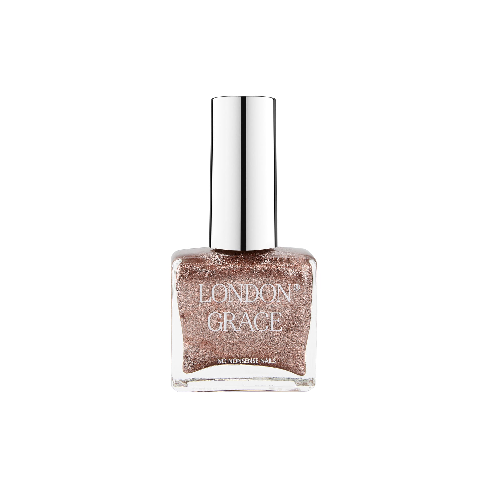 London Grace Margot Nail Polish – shimmering rose gold with a glossy, long-lasting finish. Vegan and cruelty-free formula.