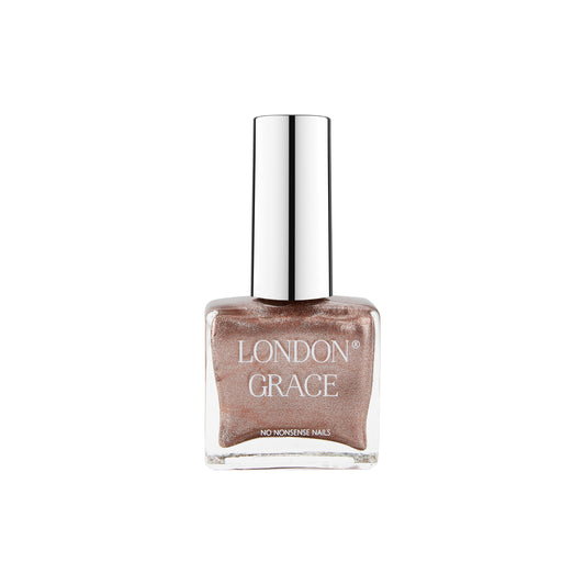 London Grace Margot Nail Polish – shimmering rose gold with a glossy, long-lasting finish. Vegan and cruelty-free formula.