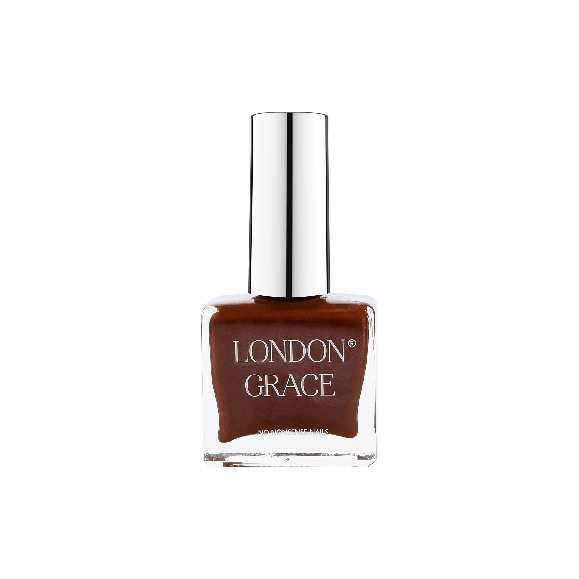 London Grace Mark Nail Polish – rich red-brown with subtle shimmer, offering a luxury finish. Vegan, cruelty-free, and long-lasting.