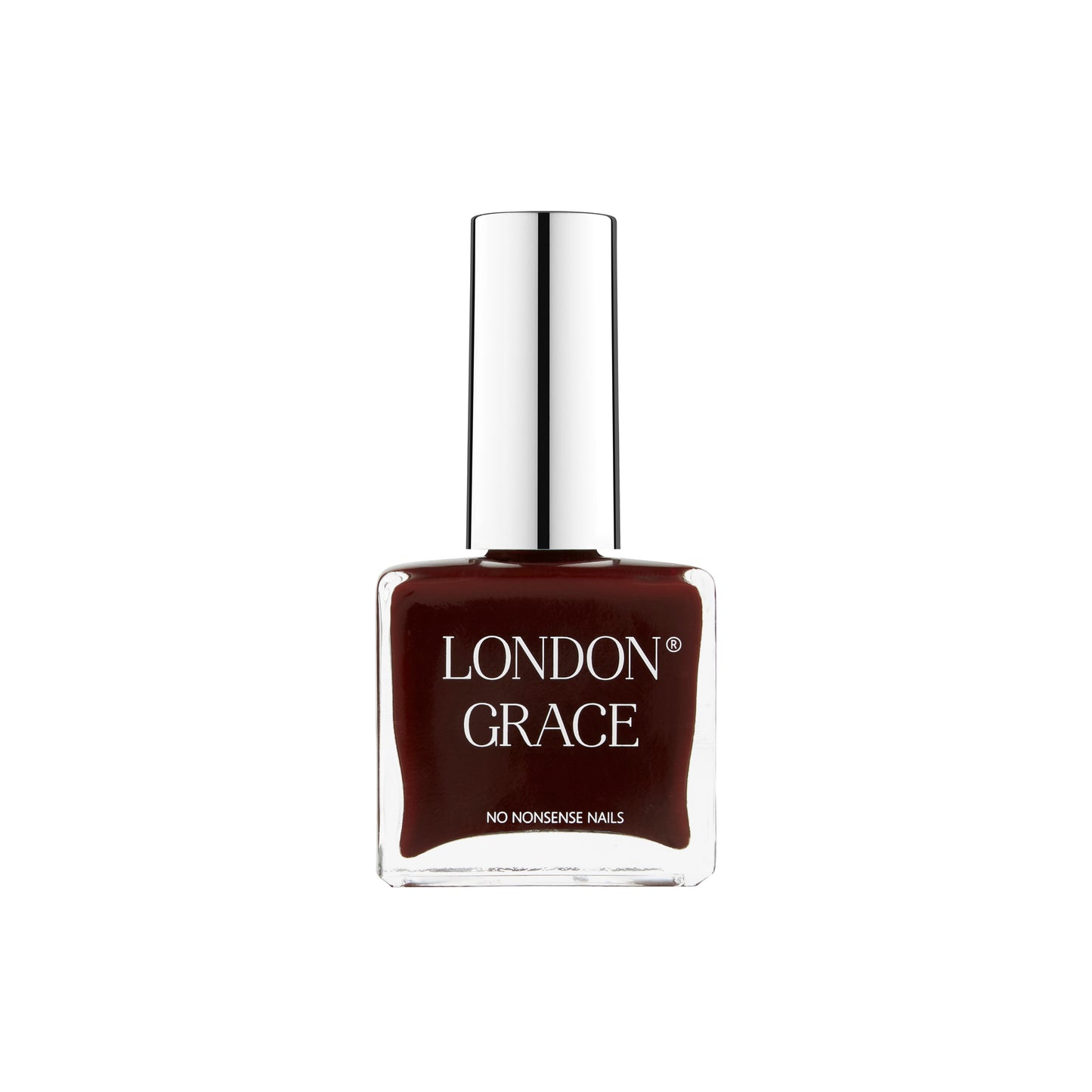 London Grace Nancy Nail Polish – deep burgundy shade. Vegan, cruelty-free, and glossy long-lasting finish.