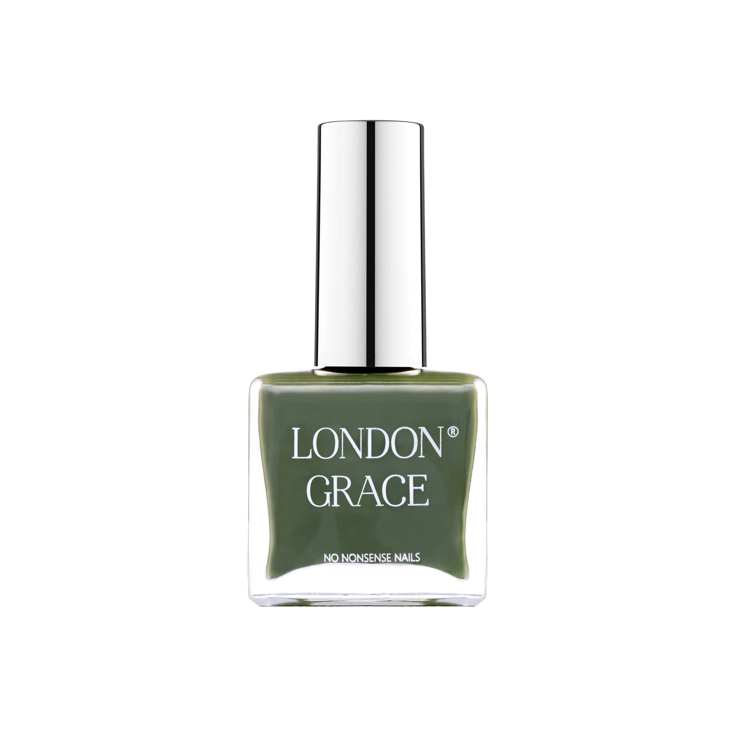 London Grace Olive Nail Polish – rich green shade. Vegan, cruelty-free, glossy, and long-wearing.