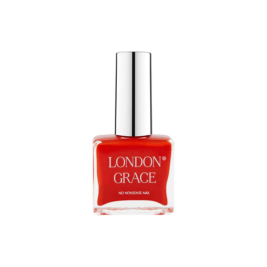 London Grace Poppy Nail Polish – bold red shade. Vegan, cruelty-free, glossy, and long-lasting.