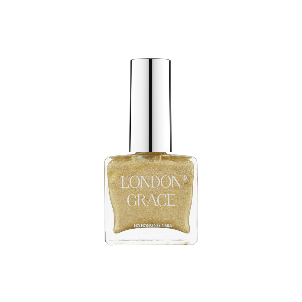 London Grace Rihanna Nail Polish – sparkling gold glitter for a glamorous, long-lasting manicure. Vegan, cruelty-free, and eco-friendly.