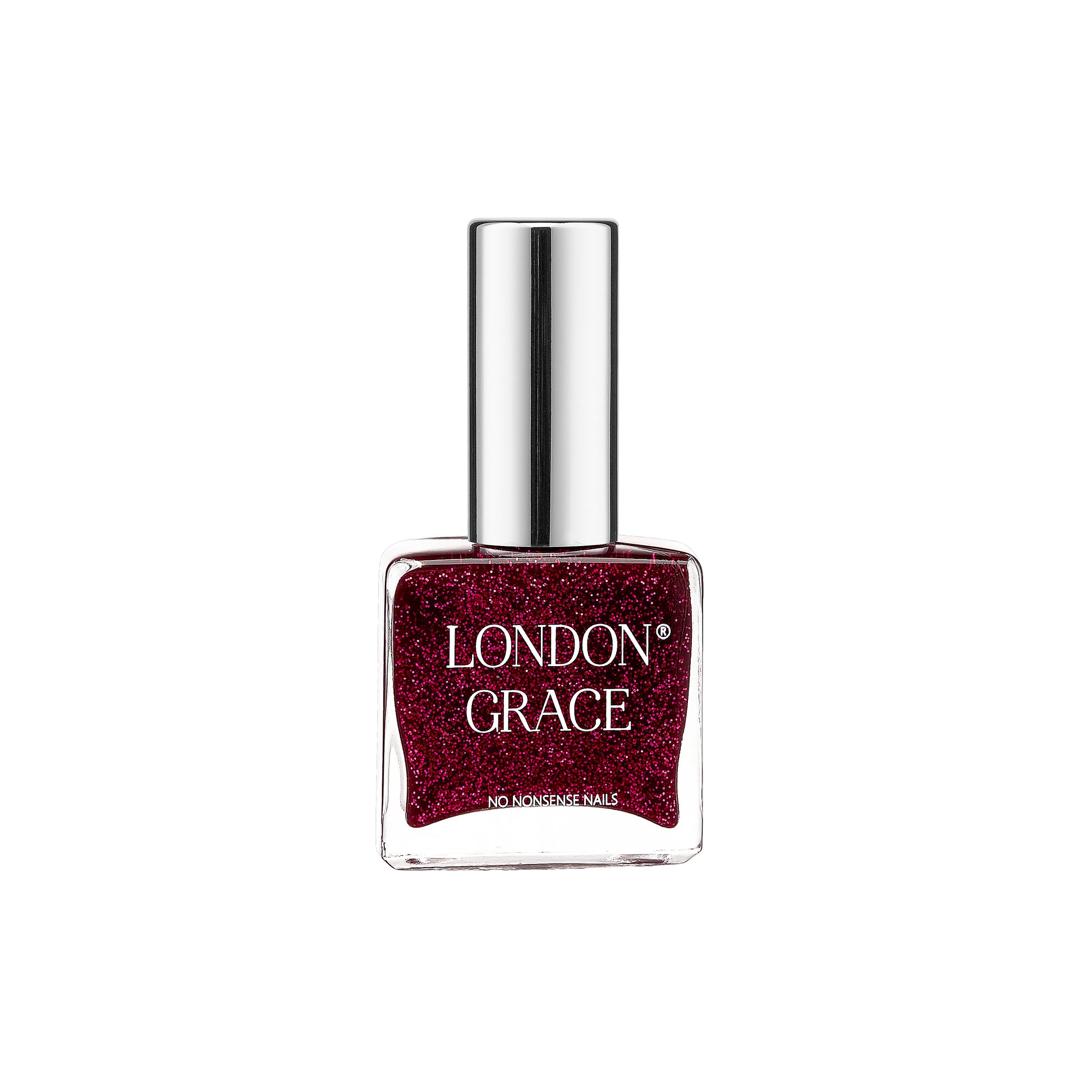 London Grace Ruby Nail Polish – deep red glitter polish with a high-impact, sparkling finish. Vegan, eco-friendly, and perfect for festive looks.