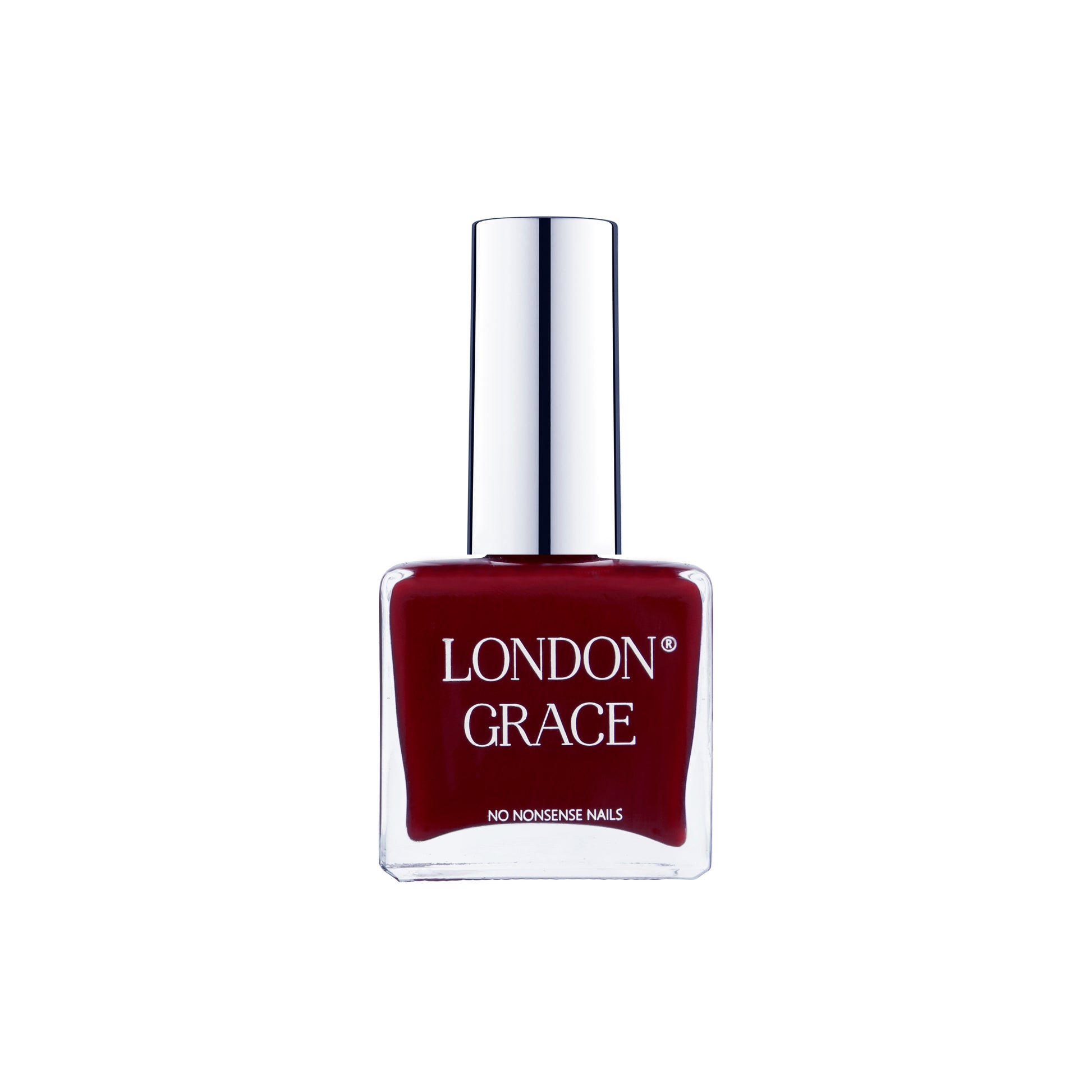 London Grace Scarlett Nail Polish – deep raspberry red for a bold, sophisticated manicure. Vegan, eco-friendly, and long-lasting.