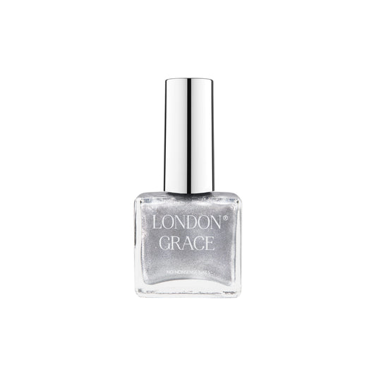 London Grace Tina Nail Polish – sparkling silver with glitter for a dazzling, long-lasting finish. Vegan and eco-friendly.