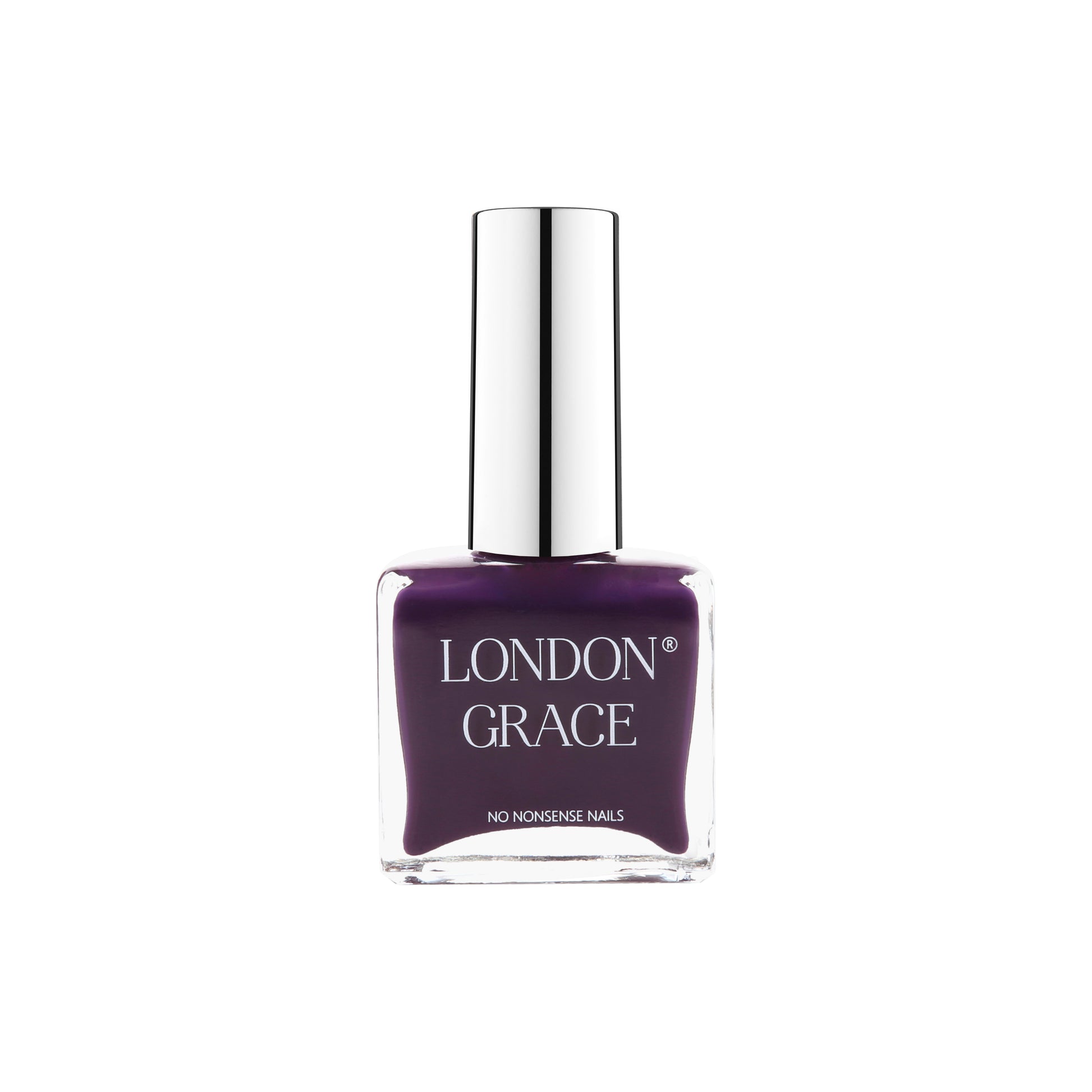 London Grace Vhari Nail Polish – deep plum with high pigmentation and a glossy, long-wearing finish. Vegan and cruelty-free.