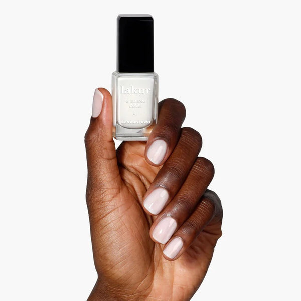 Hand holding a bottle of LONDONTOWN Double Scoop nail polish with a white background