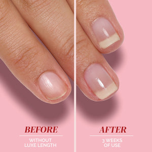 Before and after comparison of nails with LONDONTOWN Luxe Length Nail Gloss product on a pink background