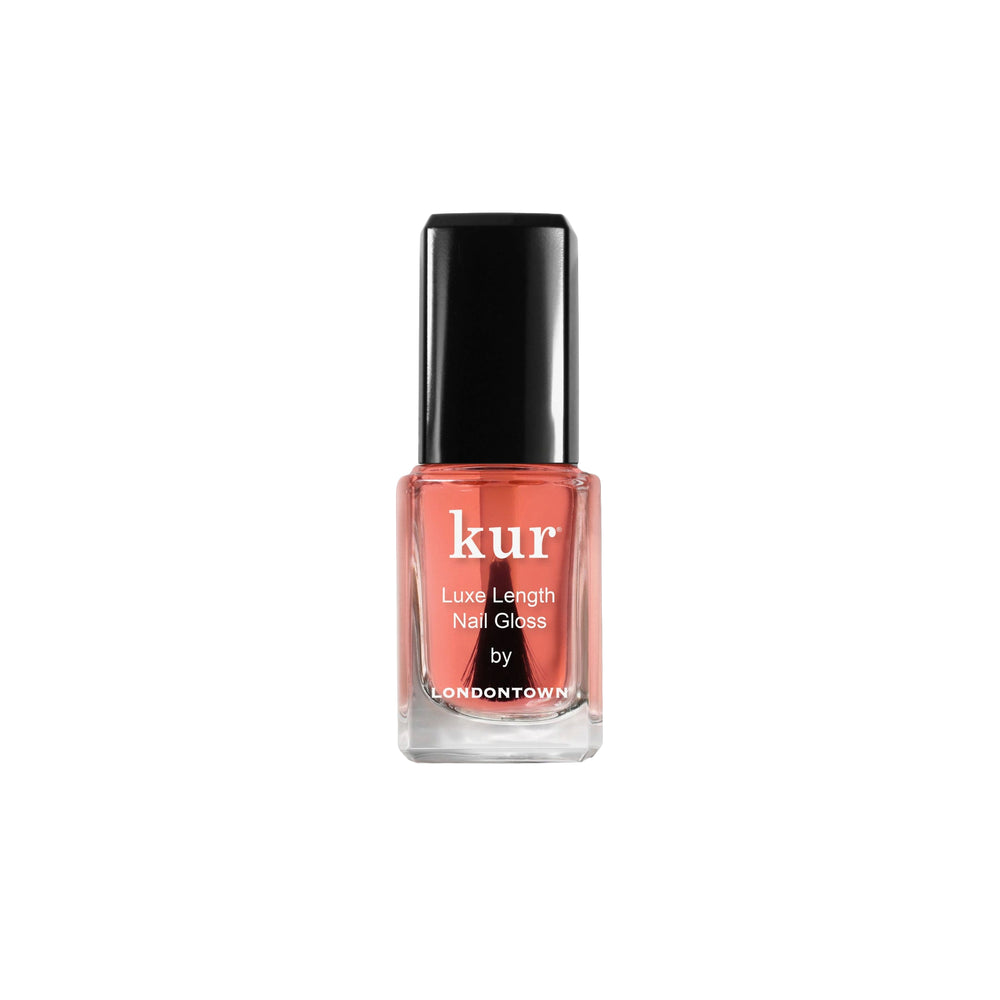 LONDONTOWN Luxe Length Nail Gloss bottle showing a sheer rose-toned nail gloss designed to enhance shine and the appearance of healthy nails. On white background