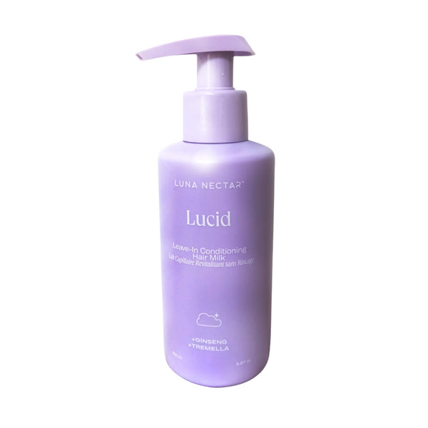 Purple bottle of Lucid Luna Nectar hair product on a white background