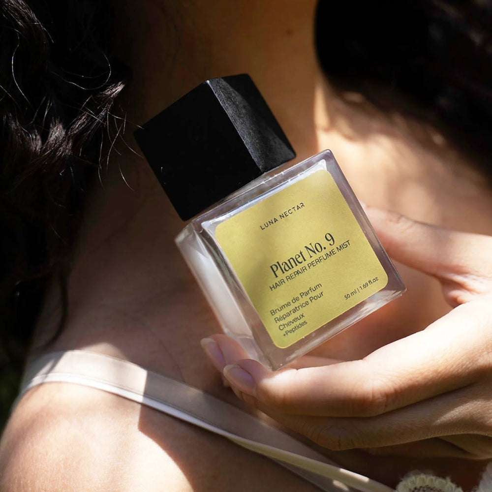  LUNA NECTAR Planet No. 9 Hair Perfume Mist – alcohol-free, antioxidant hair mist with aloe, peptides, and essential oils.