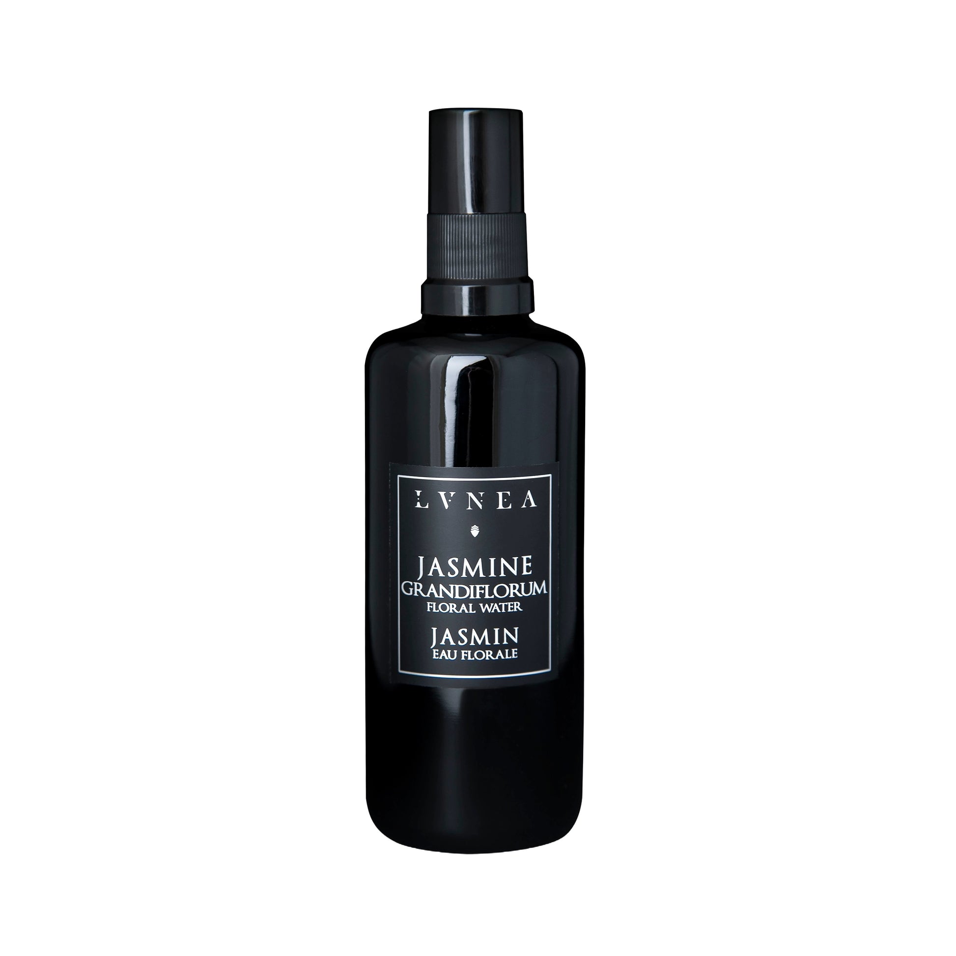 LVNEA Jasmine Hydrosol – a refreshing, antioxidant-rich botanical mist with a luxurious jasmine scent, perfect for toning, hydrating, and enhancing your skincare routine. Presented in a 100ml black amethyst glass bottle.