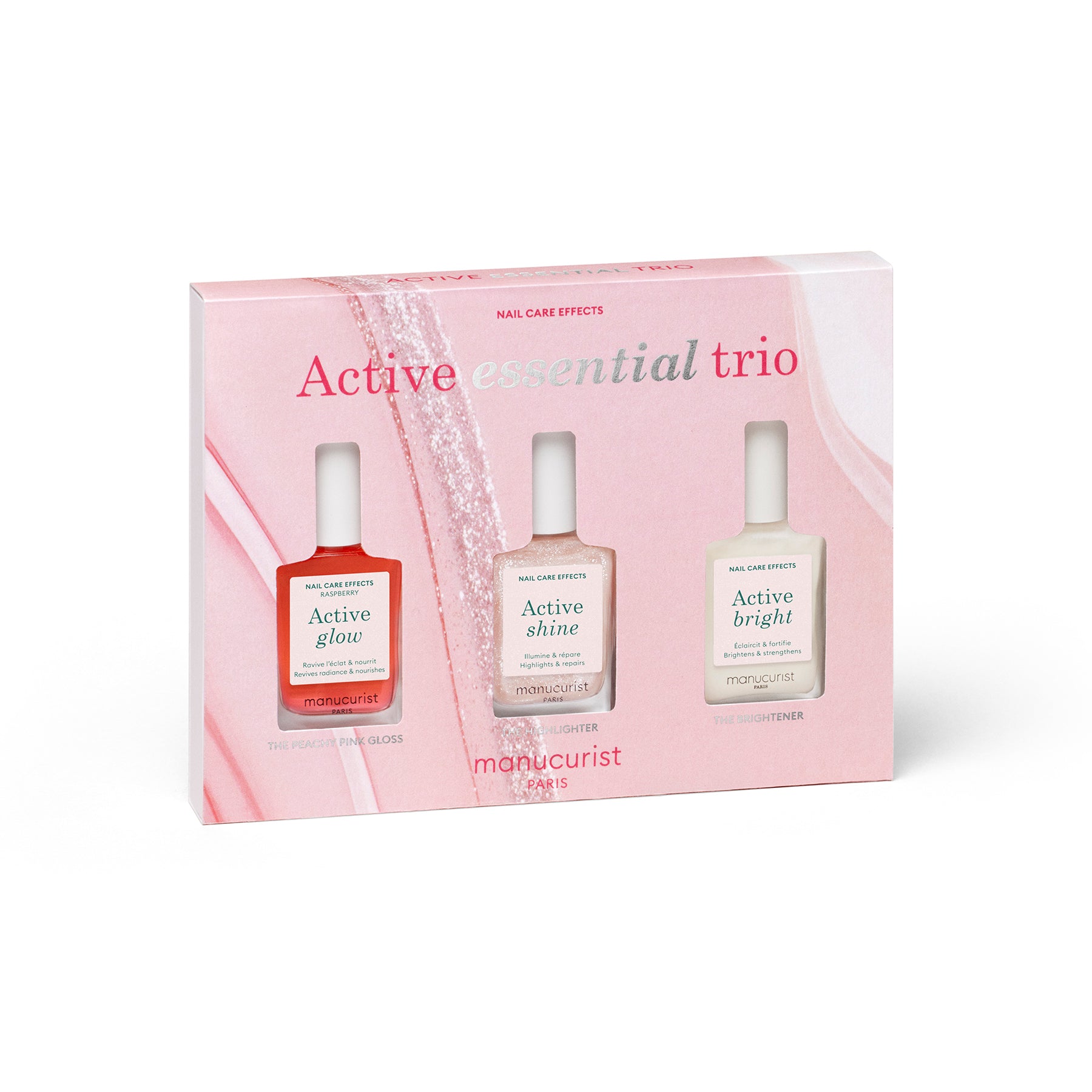 MANUCURIST Active Essential Trio gift set featuring Active Glow™ Raspberry, Active Shine, and Active Bright for natural nail care, hydration, and enhanced shine.