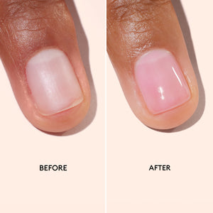 Before and after comparison of a manicured nail with pink polish on a light background.