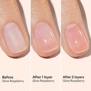 Nail polish color comparison before and after application on a person's fingernail.