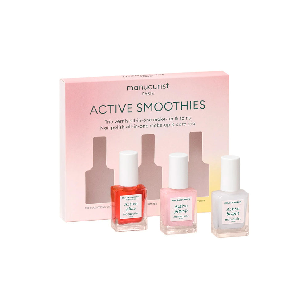 MANUCURIST Active Smoothies Trio mini nail care set featuring three 8ml bottles — Active Glow Raspberry, Active Plump, and Active Bright — designed for healthy, shiny nails in a travel-friendly format.
