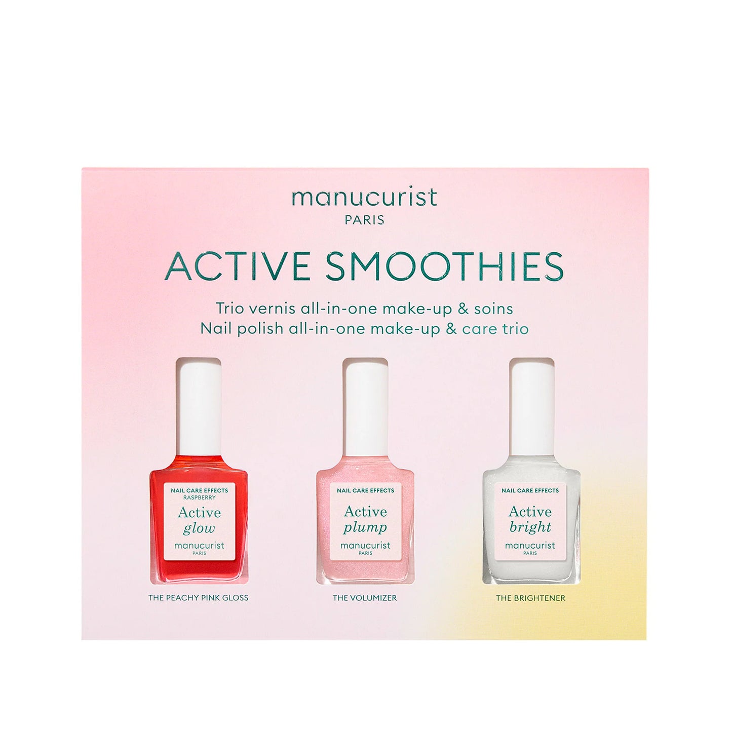 MANUCURIST Active Smoothies Trio mini nail care set featuring three 8ml bottles — Active Glow Raspberry, Active Plump, and Active Bright — designed for healthy, shiny nails in a travel-friendly format.