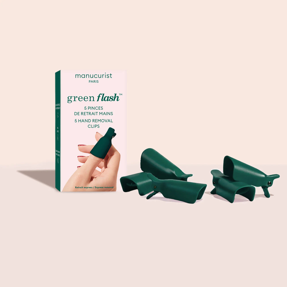 Manucurist green flash nail polish remover bottle and packaging on a white background