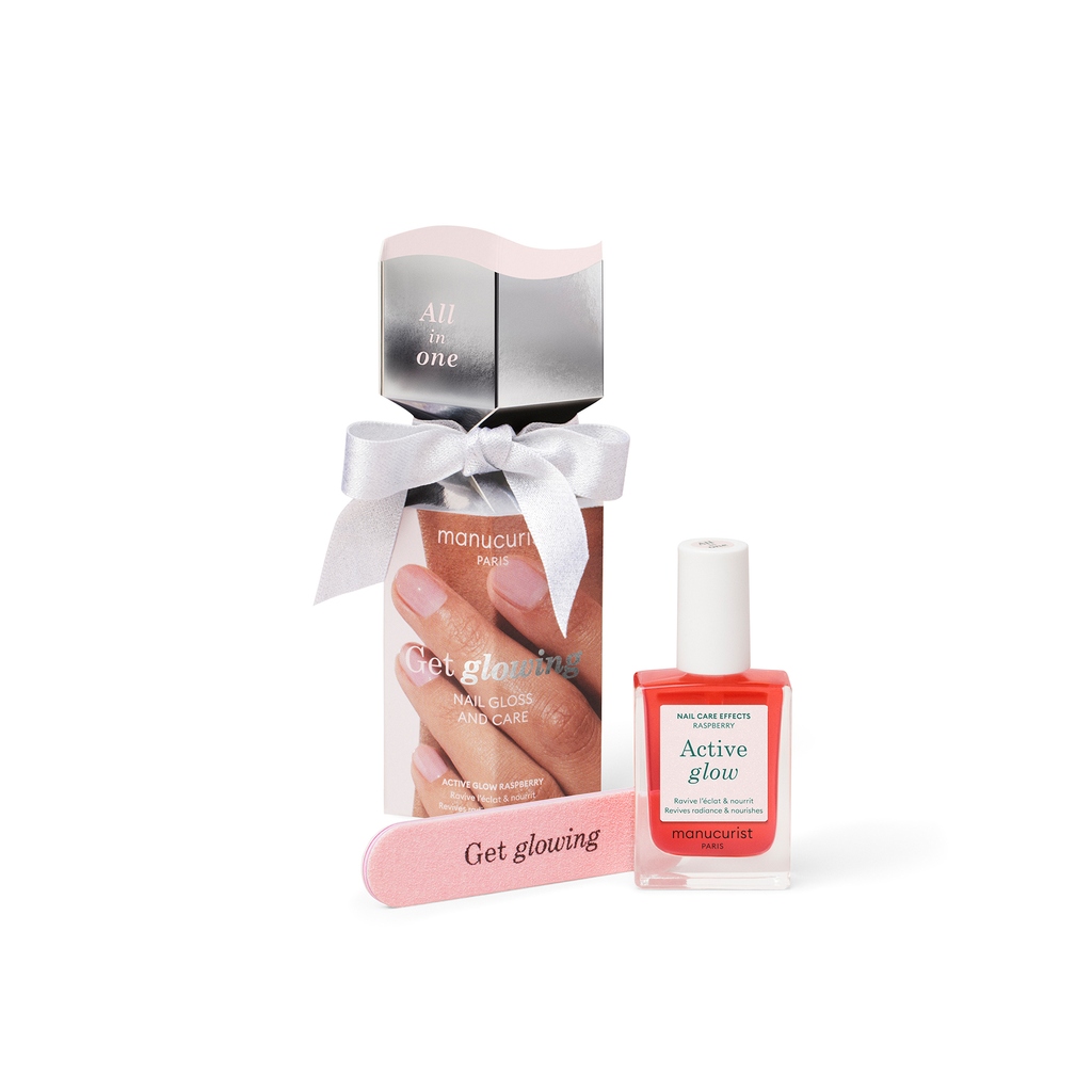 MANUCURIST Get Glowing Candy Kit featuring Active Glow™ Raspberry for a rosy, glowy finish with natural ingredients for enhanced nail shine. Includes a mini nail file.