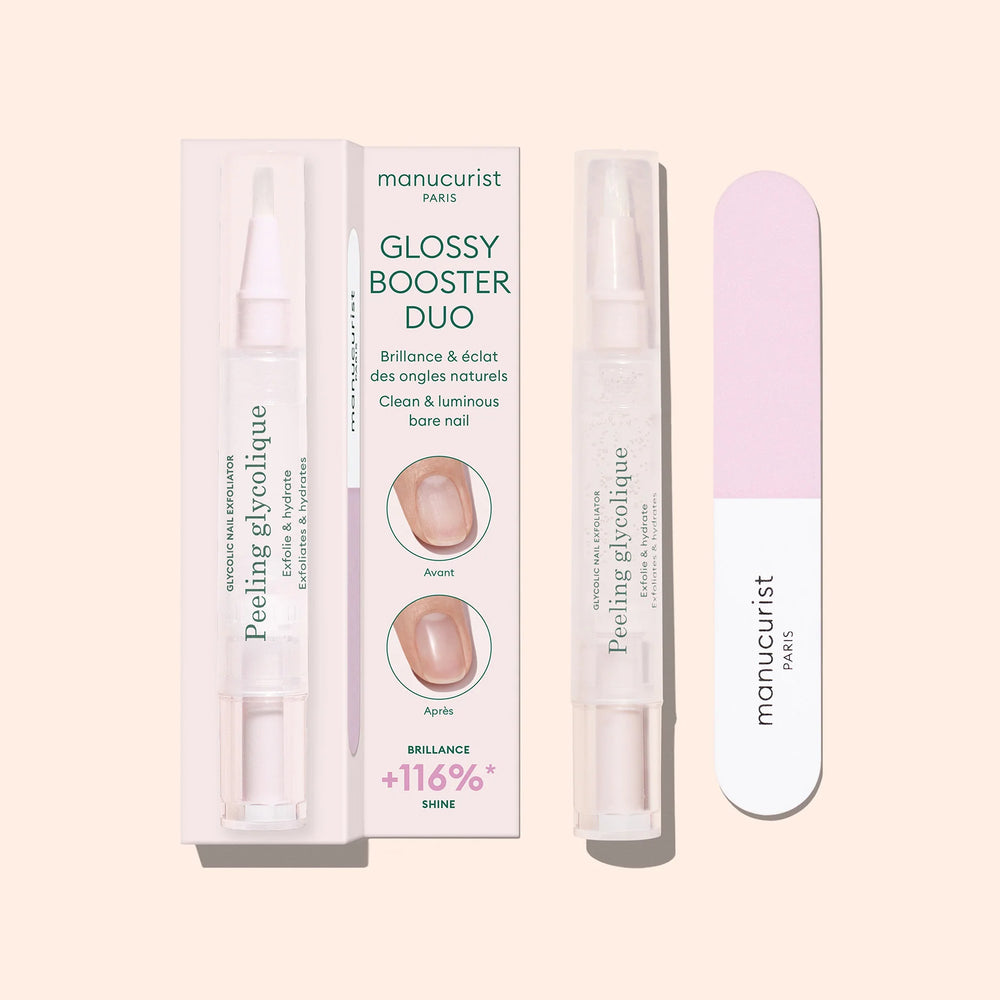 MANUCURIST Glossy Booster Duo featuring Glycolic Nail Exfoliator and mini buffer for smooth, shiny natural nails.