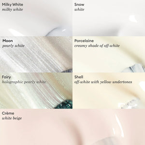 Color swatches labeled with names and descriptions of white and off-white shades.