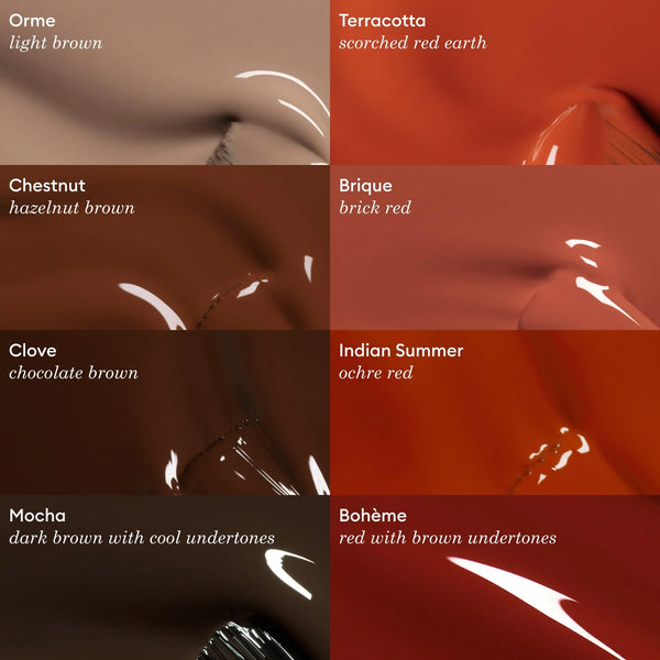 Color swatches with names and descriptions of various brown and red tones from Manucurist.