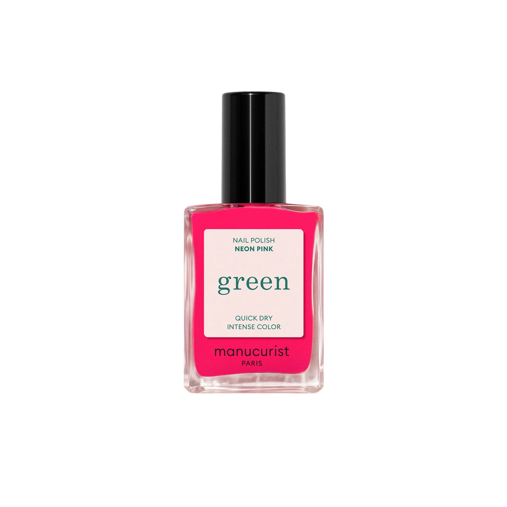 Bottle of MANUCURIST Green™ Neon Pink nail polish, a vibrant electric pink with orange undertones and a semi-matte finish.