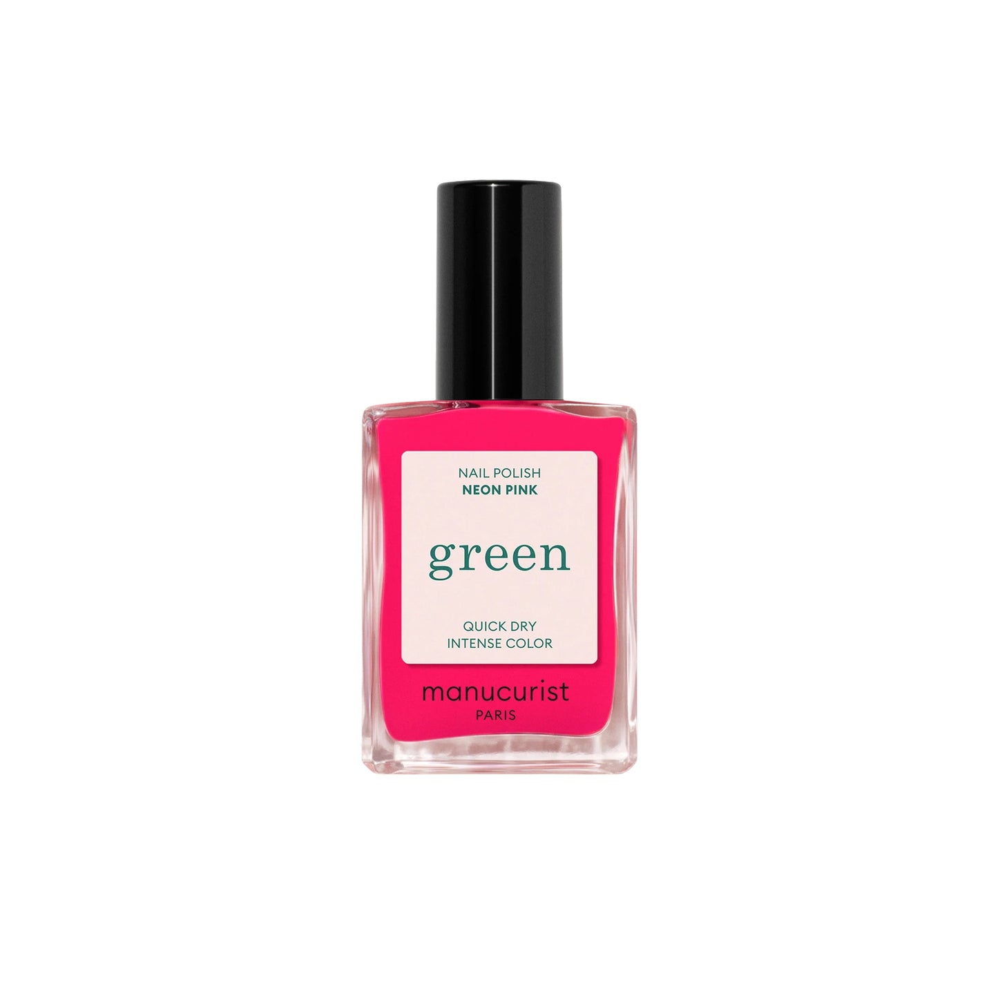 Bottle of MANUCURIST Green™ Neon Pink nail polish, a vibrant electric pink with orange undertones and a semi-matte finish.