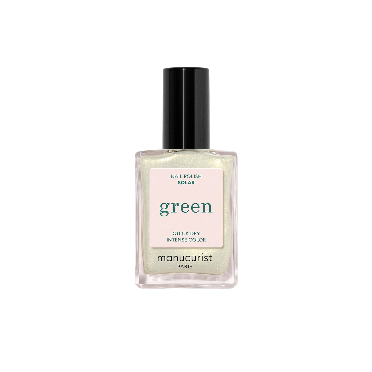 MANUCURIST Green Nail Polish Solar in a sheer white shade with golden shimmer, vegan, 12-free, and made in France.