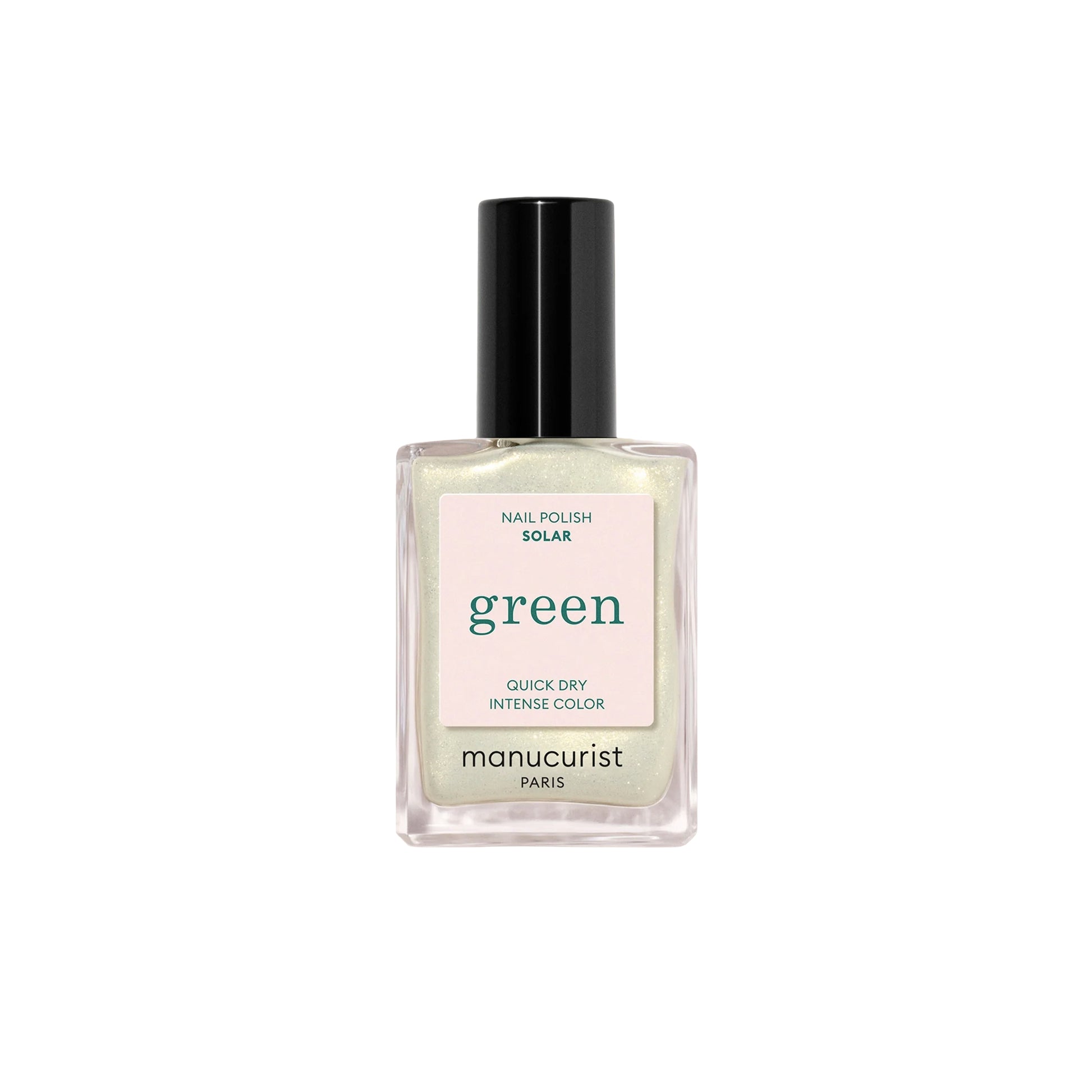 MANUCURIST Green Nail Polish Solar in a sheer white shade with golden shimmer, vegan, 12-free, and made in France.