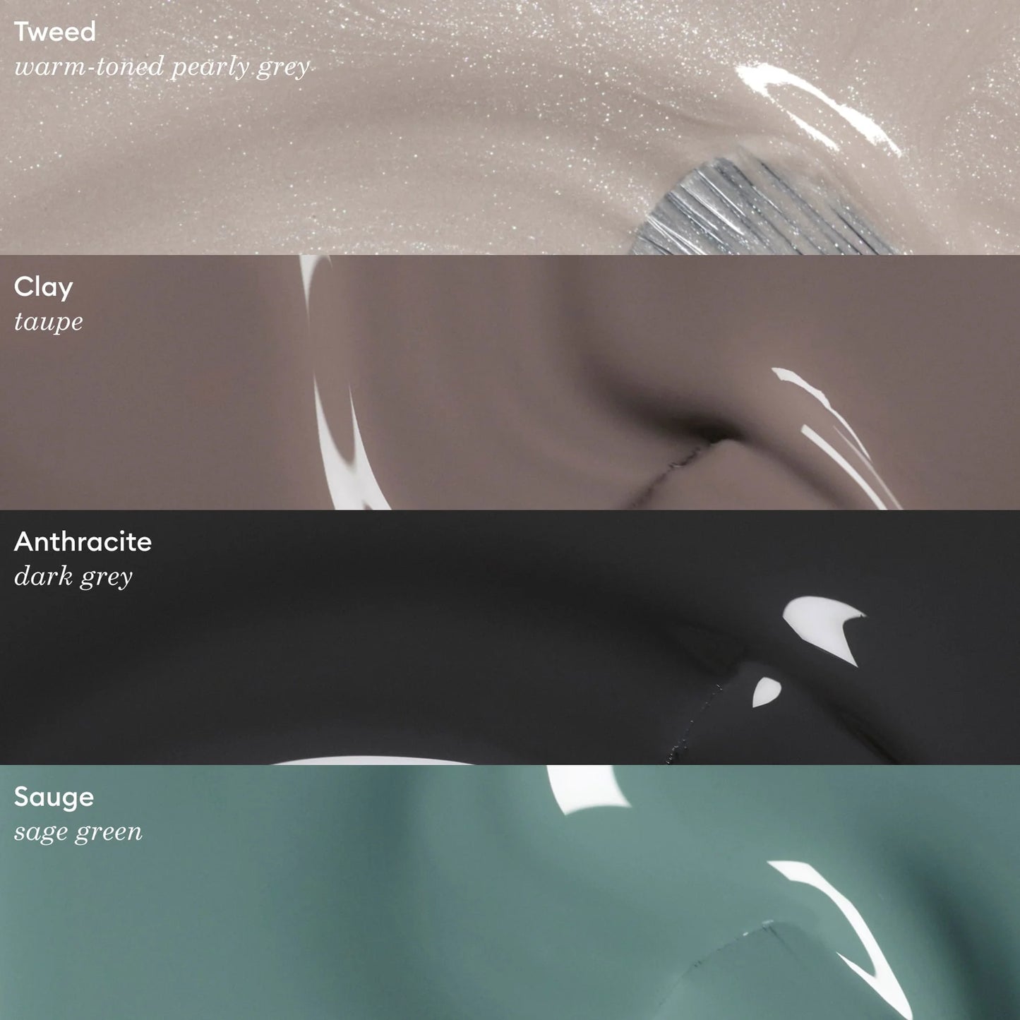 Color swatches labeled 'Tweed', 'Clay', 'Anthracite', and 'Sauge' with corresponding descriptions.