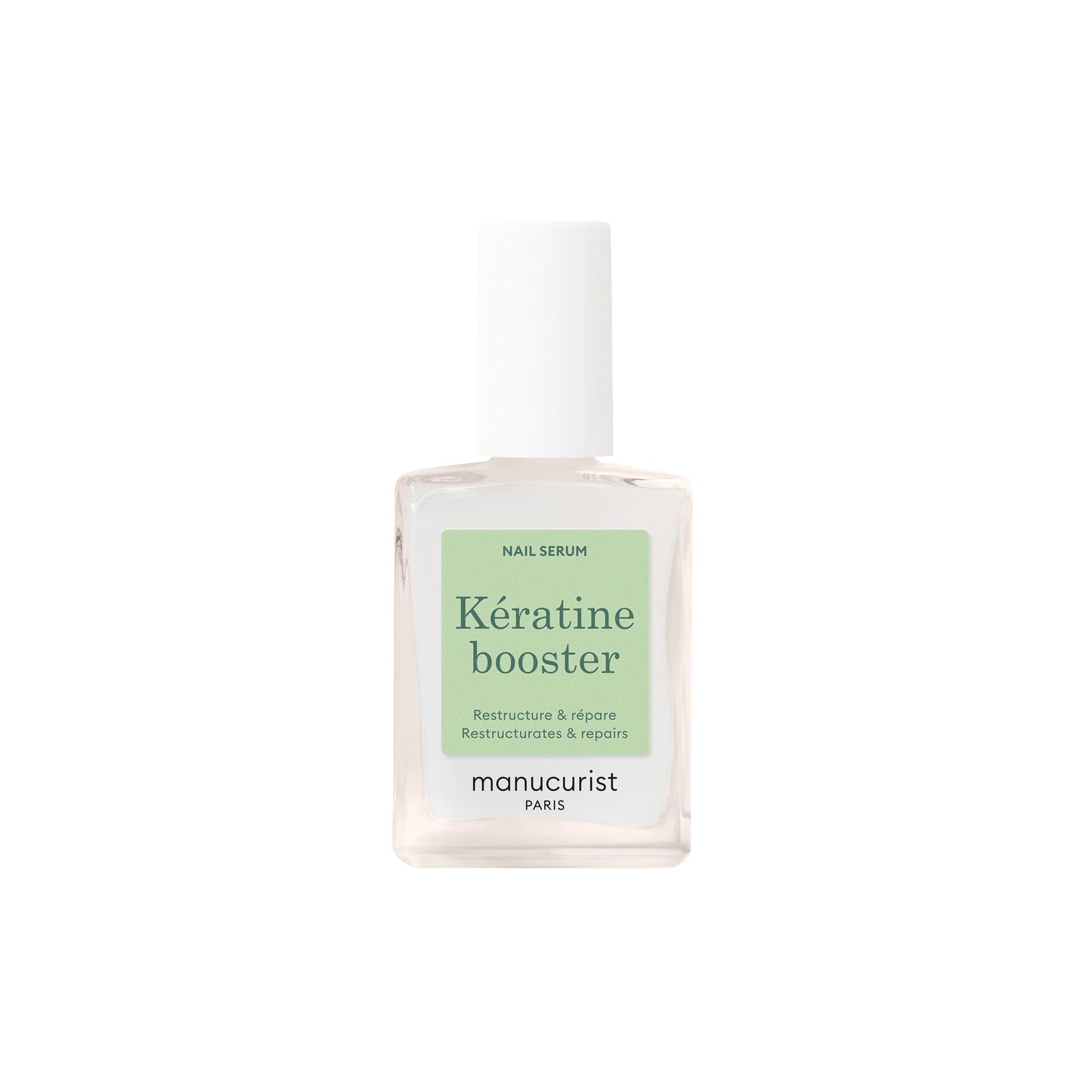 Close-up of MANUCURIST Kératine Booster Nail Strengthening Serum bottle, a keratin-rich polish designed to harden, repair, and fortify soft nails.