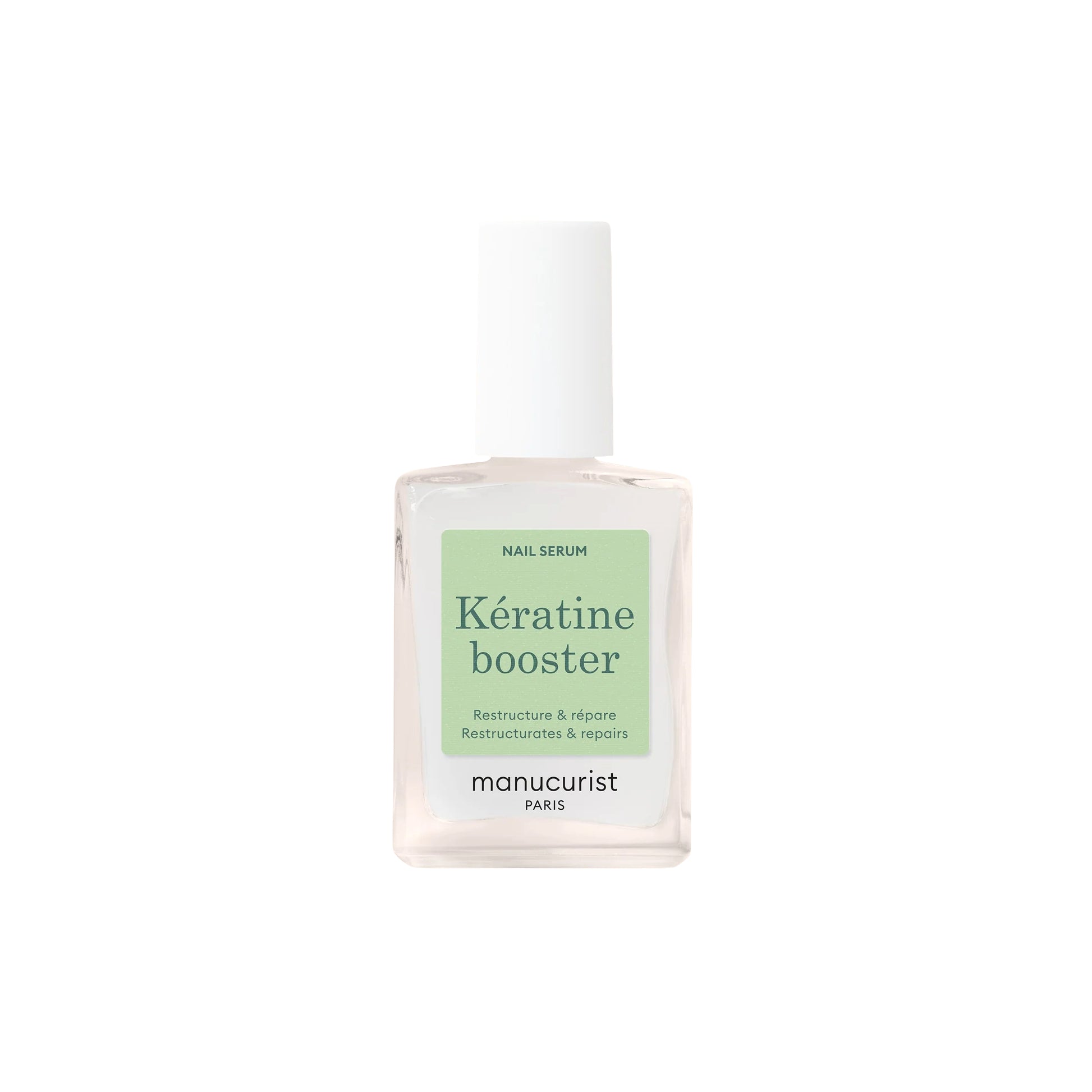Close-up of MANUCURIST Kératine Booster Nail Strengthening Serum bottle, a keratin-rich polish designed to harden, repair, and fortify soft nails.